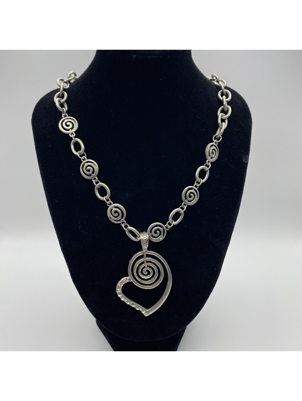 Silver-Tone Heart Spiral Pendant Cable Necklace Rhinestones Sz 15 w/ 3”extender